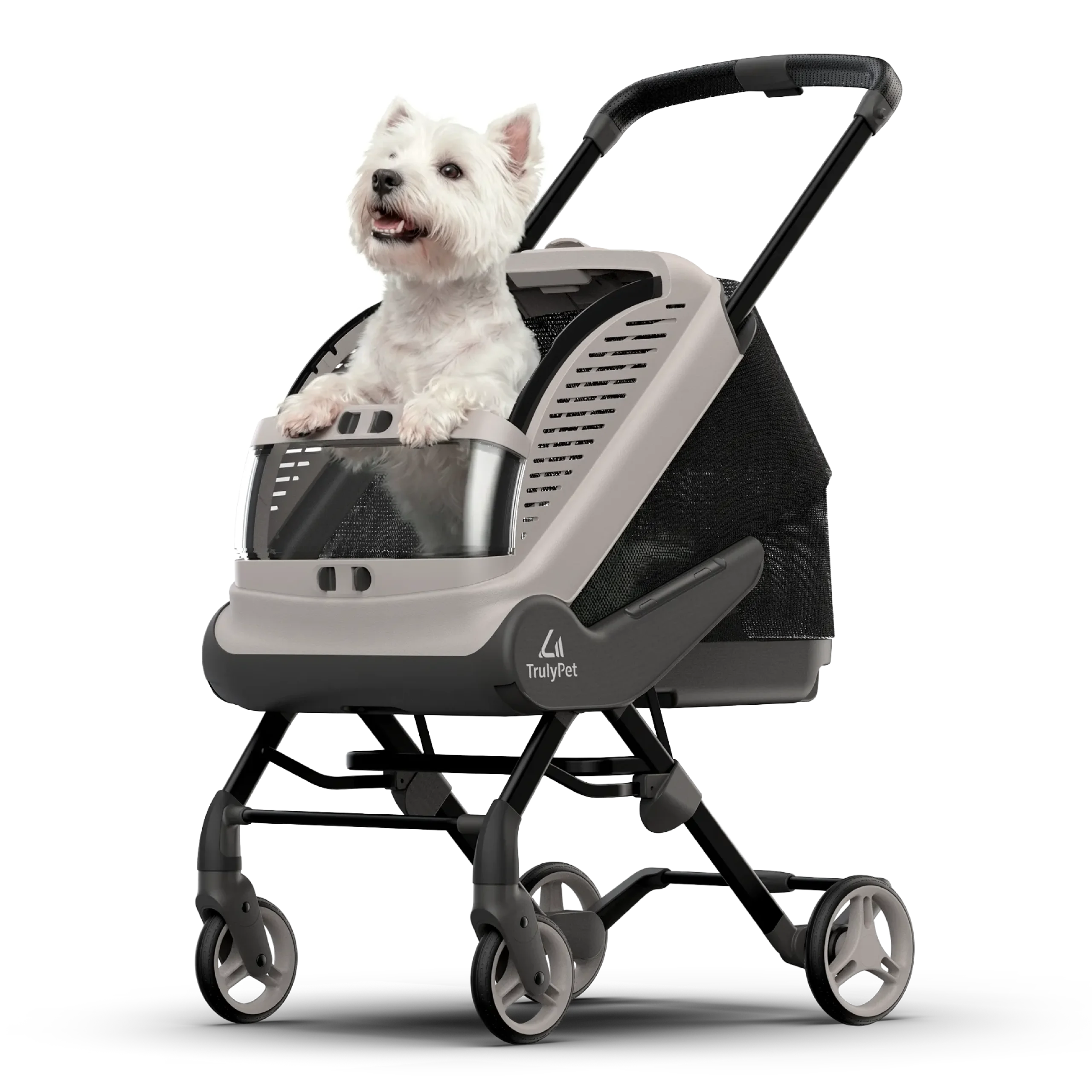 TrulyPet Explorer pet stroller in vanilla white with a white terrier looking out of the panoramic window