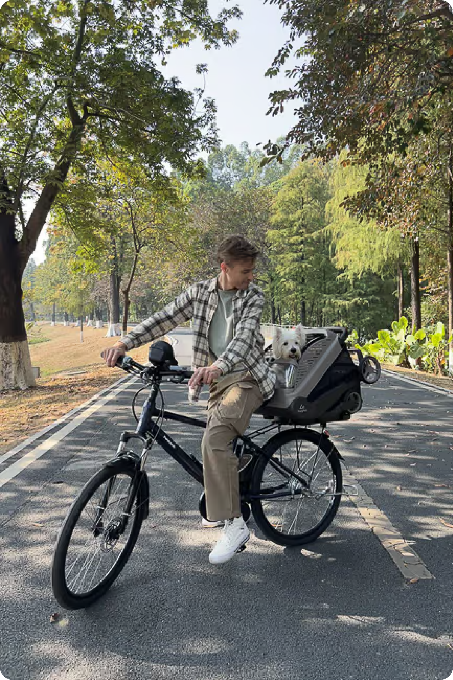 Man riding a bicycle with the TrulyPet Explorer cabin mounted on the rear rack in Bike mode