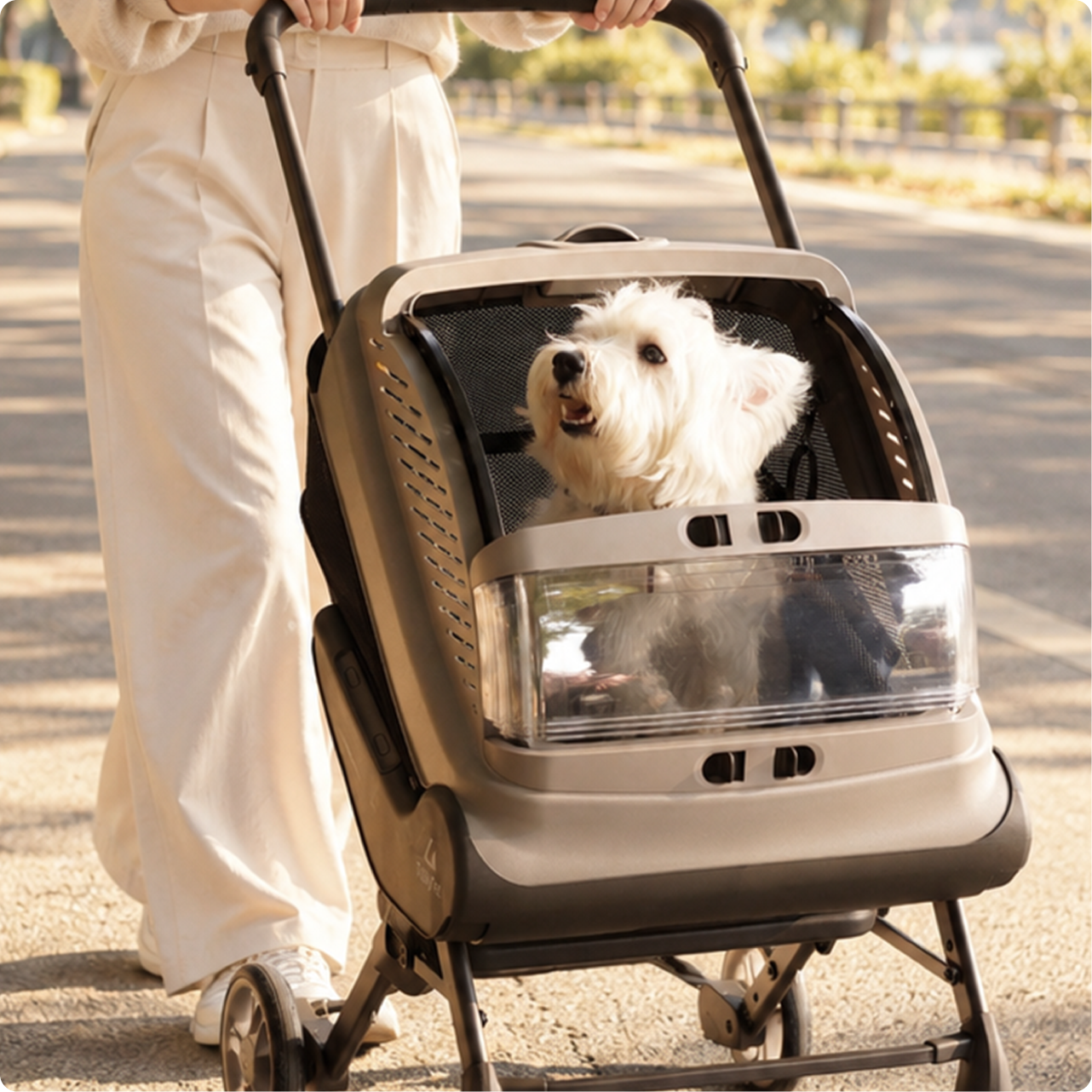 Woman pushing the TrulyPet Explorer in Stroller mode with her white dog sitting up in the cabin