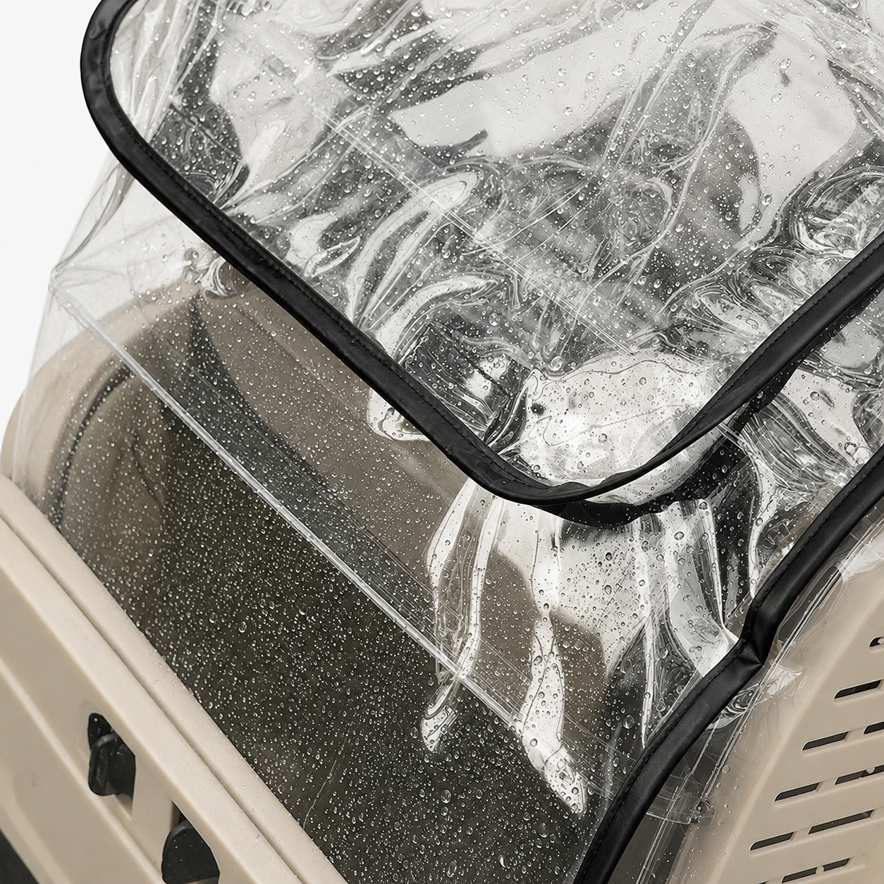 Close-up of the TrulyPet Clear Rain Cover on the Explorer cabin